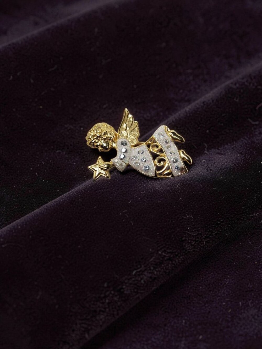 Vintage Angel Pin 5995 With Star Sparking AB Glitter Enamel & Rhinestone Brooch